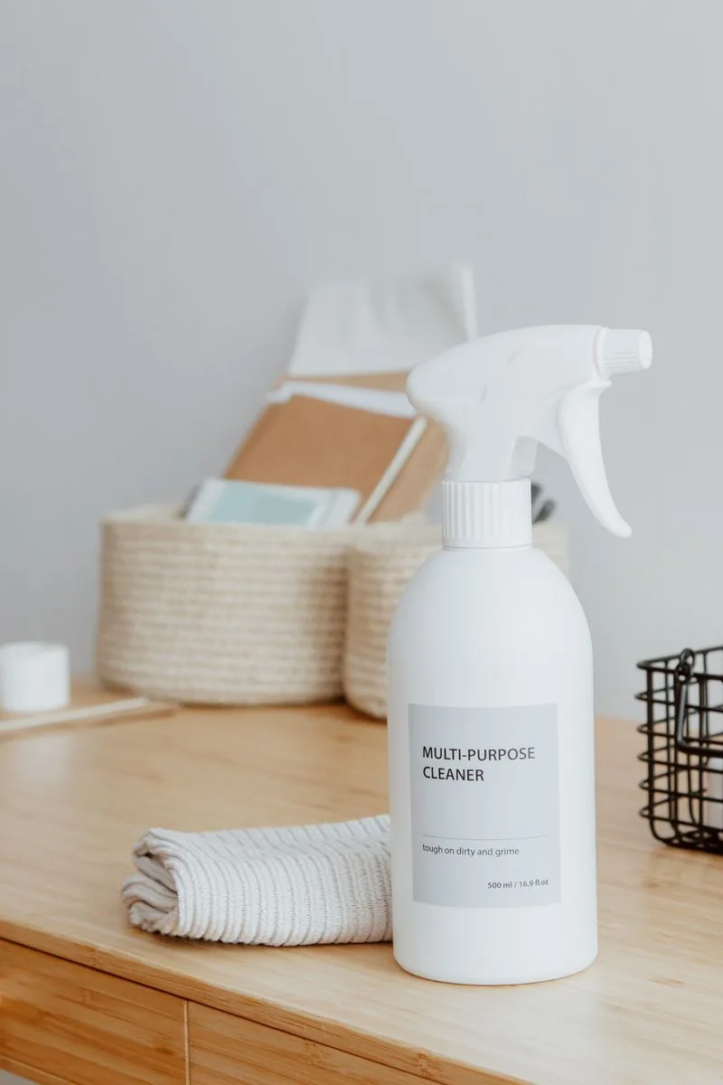 A cleaner and cloth set out on a desk